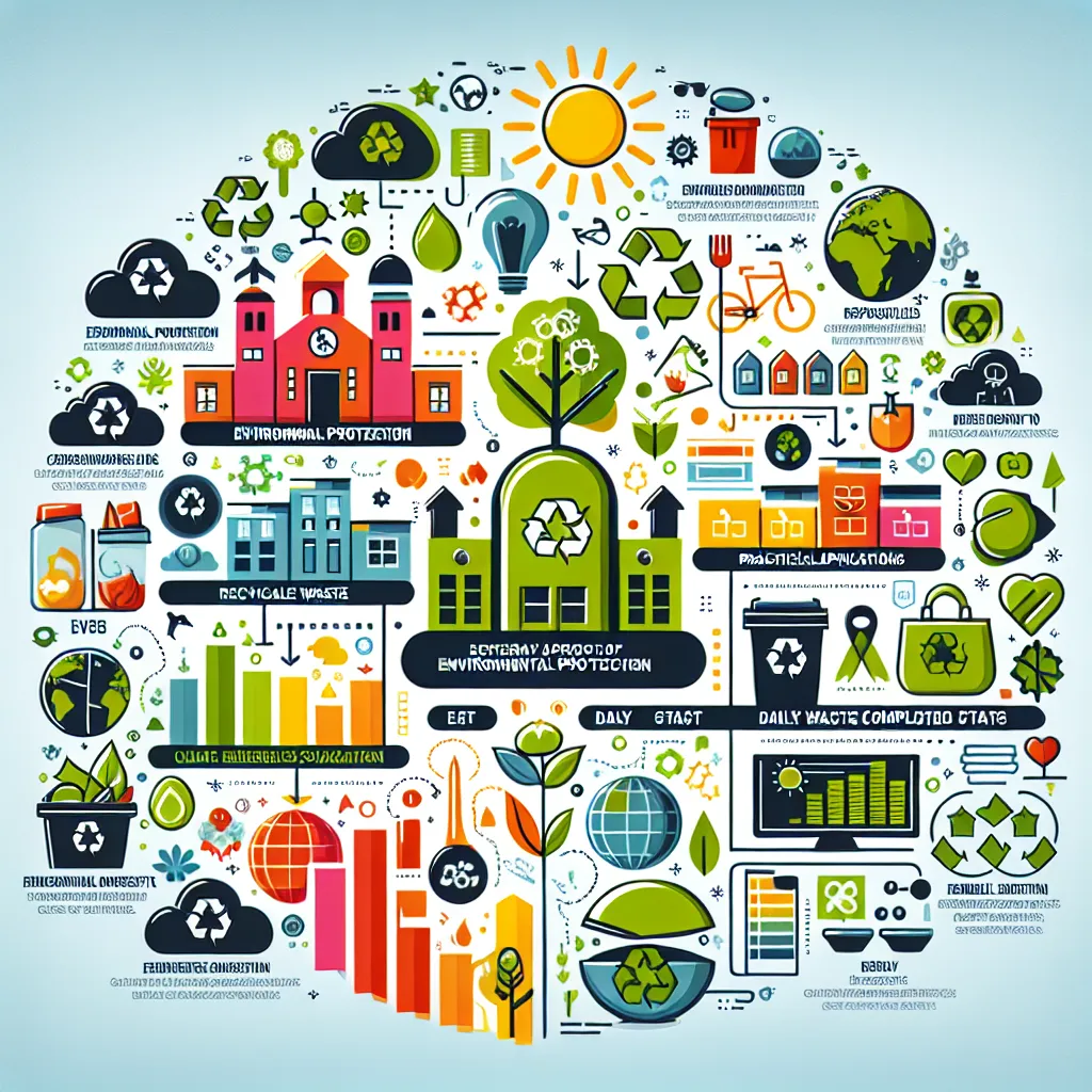 **Image Description:** A vibrant infographic showcasing key aspects of environmental protection, featuring icons for various government agencies, examples of green products, recyclable items found in schools, composting uses, daily waste statistics with reduction tips, and renewable energy sources. Each section is visually distinct, promoting awareness about sustainability.