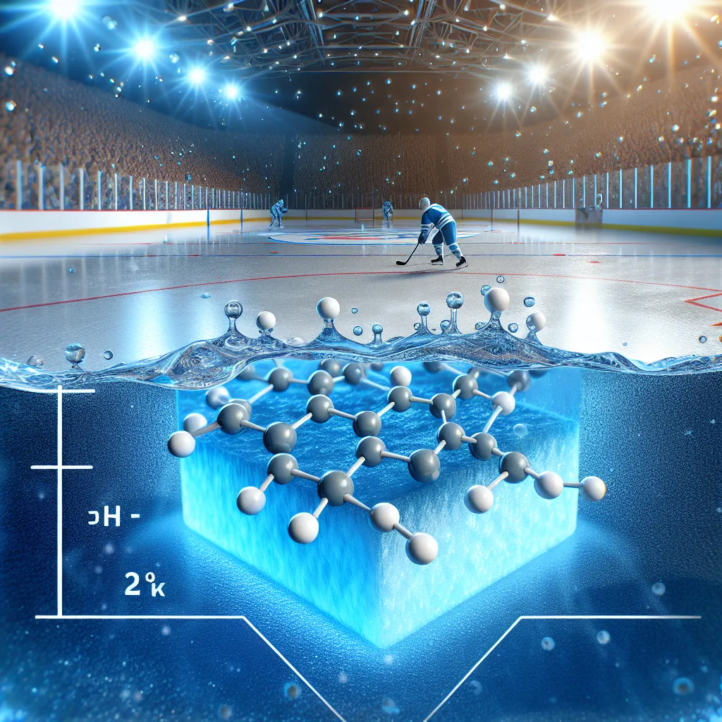 Illustration of a hockey rink with a close-up view of the ice surface, highlighting the molecular structure of frozen water and the effects of temperature on ice friction and game play.