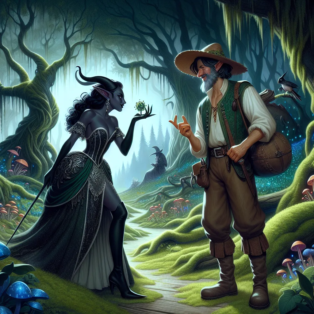 Illustration of a fantasy scene featuring a dark elf engaging in a whimsical interaction with a farmer in an enchanted forest.