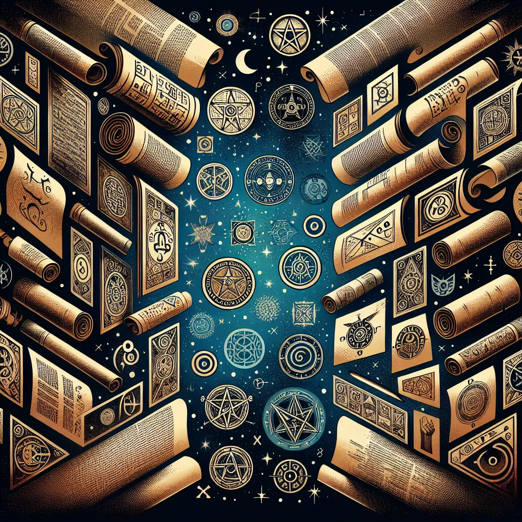 Illustration of ancient scrolls and tablets, depicting symbols from various mythologies and philosophies, with a backdrop of a starry sky, symbolizing the interconnectedness of ideas.