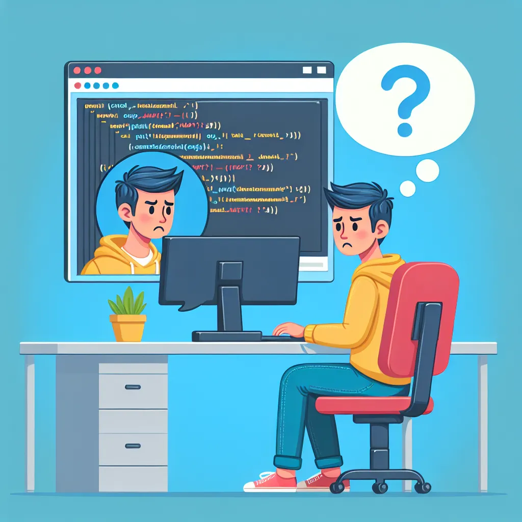 Illustration of a person sitting at a computer, analyzing code on the screen with a thought bubble containing a question mark, symbolizing the process of identifying a problem in debugging.