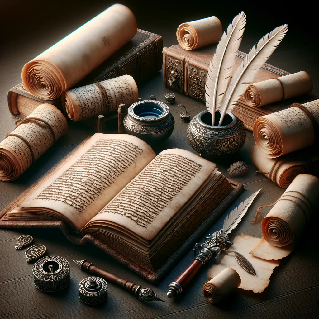 An open book surrounded by scrolls, with a quill and ink pot, symbolizing ancient texts and storytelling.