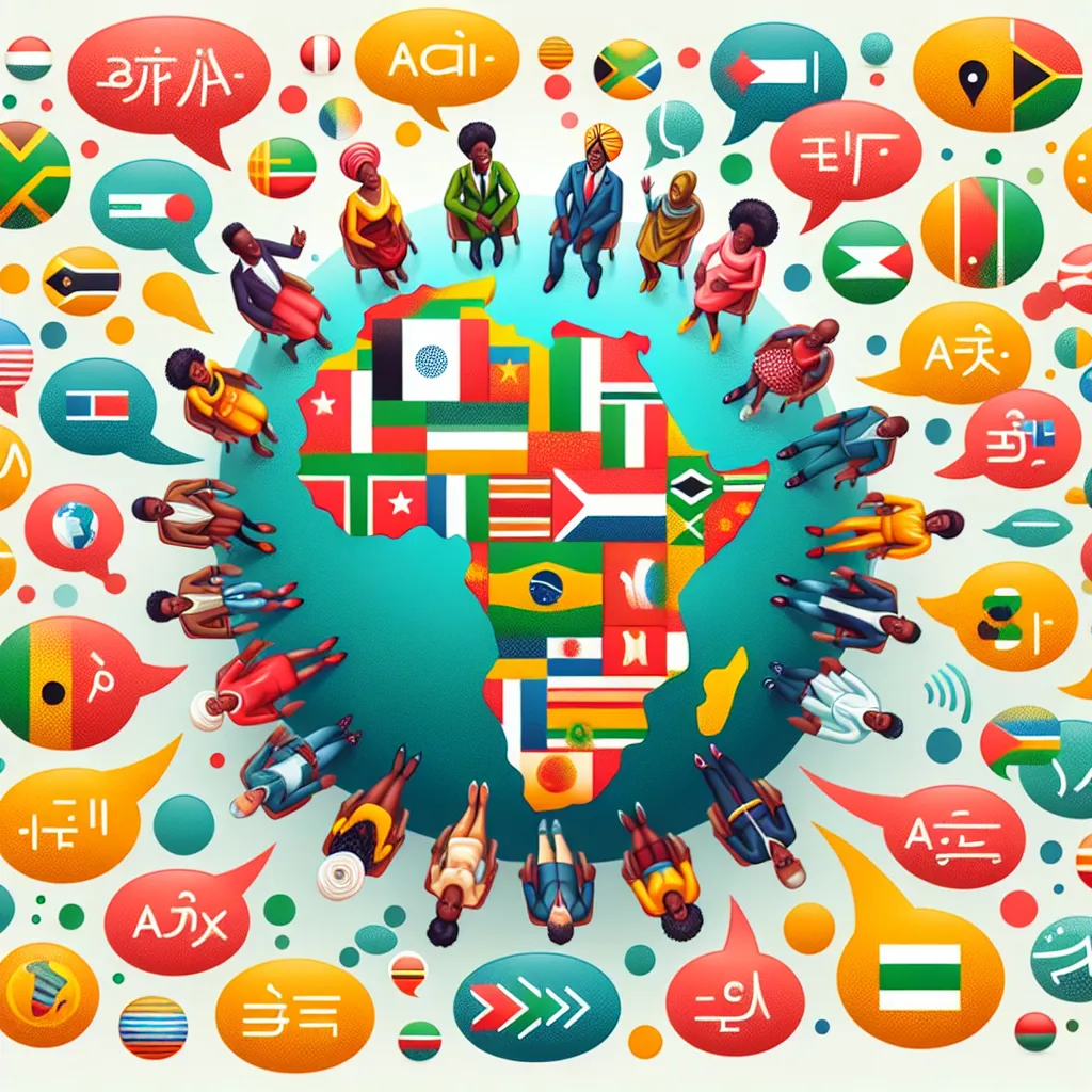 Illustration of a vibrant scene depicting various African languages represented by colorful speech bubbles surrounding a diverse group of people engaged in conversation.