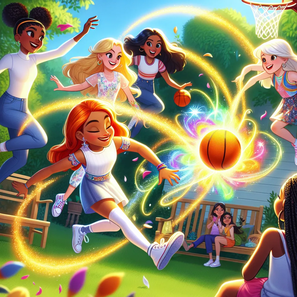 **Title: The Magical Basketball Showdown**

In the sunlit backyard of Alfei, Layla dribbled a basketball, her laughter ringing through the air. The Winx sat on a nearby bench, enjoying the warm day.

Bloom leaned forward, a smile on her face. "You know, basketball looks like a lot of fun!"

"But it’s just a game," Stella replied, twirling her hair. 

"I want to play!" Bloom exclaimed, and with a spark of excitement, she sprang up and ran over to Layla. "Can I join you?"

Layla grinned. "Of cours