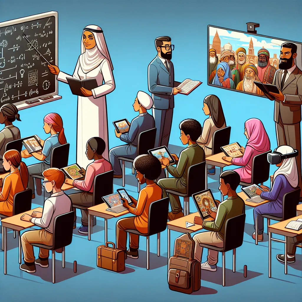 Illustration depicting a modern classroom scene with three sections: one showing a teacher using a smartboard, another with students using tablets for research, and a third featuring a virtual reality setup for history education.