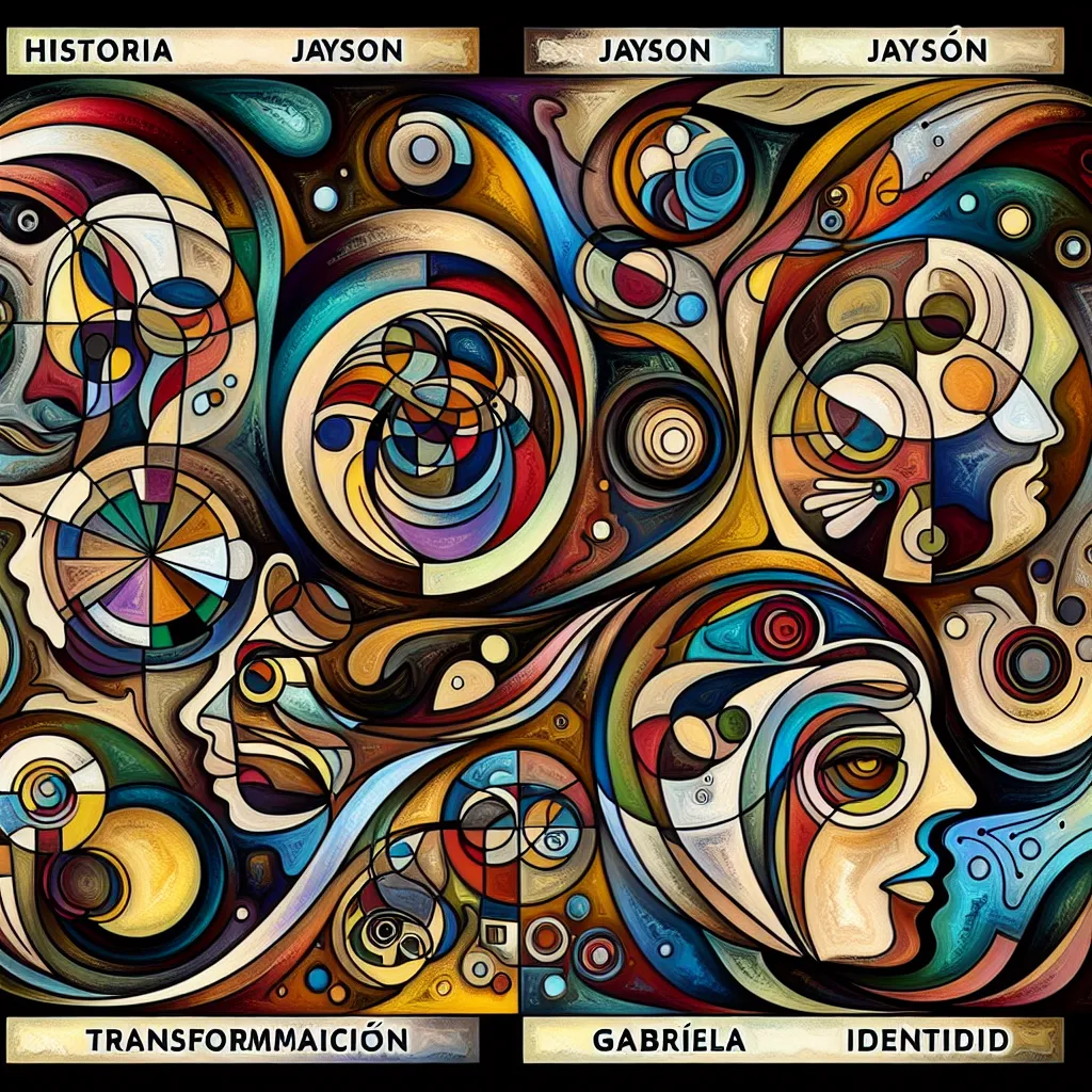 Historia, Jayson, Transformación, Gabriela, Identidad in an abstract style