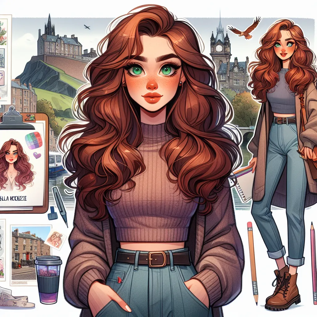 Character Sheet: 

**Name:** Isla McKenzie  
**Age:** 25  
**Location:** Edinburgh, Scotland  

**Appearance:**  
- Hair: Long, wavy auburn hair  
- Eyes: Bright green  
- Height: 5'6"  
- Build: Athletic  
- Style: Casual chic; often seen in high-waisted jeans, oversized sweaters, and ankle boots  

**Occupation:** Graphic designer at a local marketing agency  

**Personality:**  
- Creative and imaginative  
- Friendly and approachable  
- Adventurous and loves exploring the city  

**Hobbies: