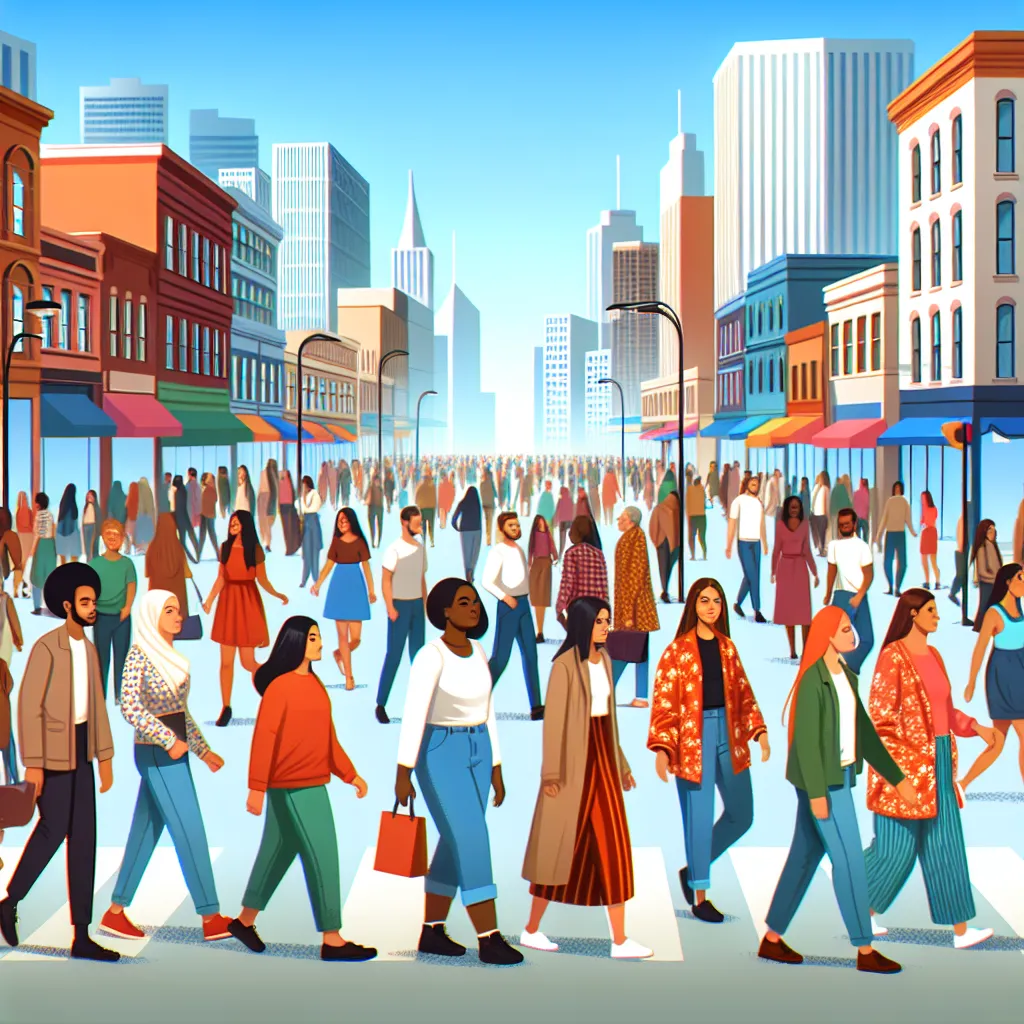 Illustration of a bustling city street scene with diverse groups of people, showcasing a vibrant community.