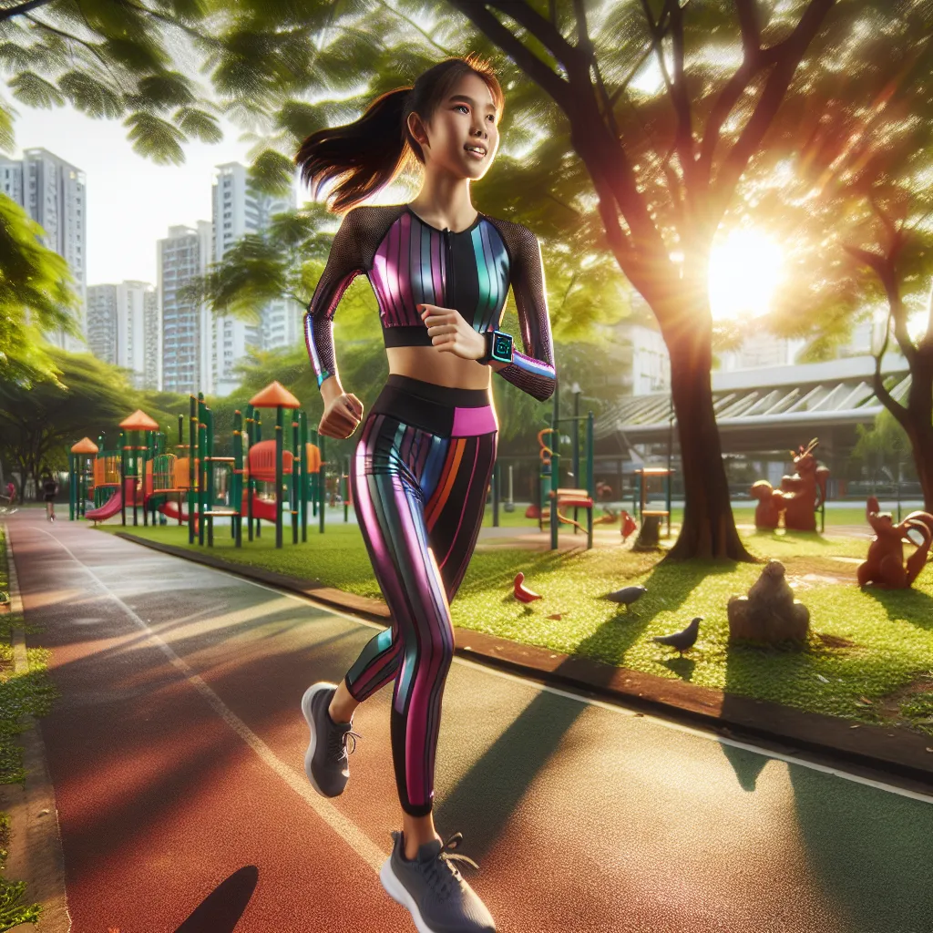 Image of a teenage girl jogging in a park, wearing a sports watch to monitor her heart rate.