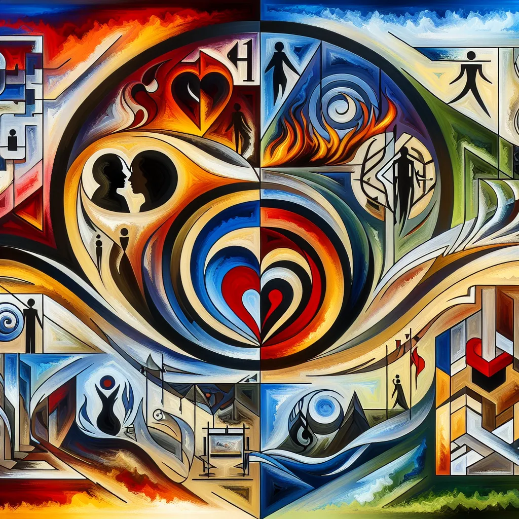 Historia, Amor, Venganza, Transformación, Compromiso in an abstract style