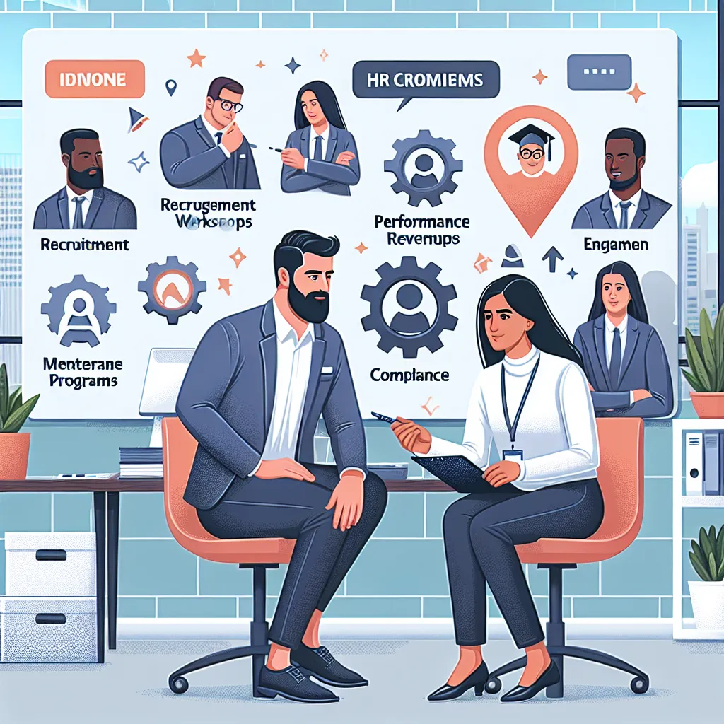 Illustration of a diverse HR team collaborating on training programs, with visual elements representing recruiting, workshops, performance reviews, mentorship, and compliance training.