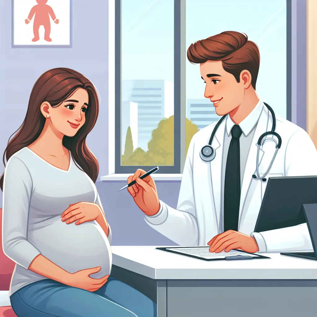 Illustration of a pregnant woman at a doctor's office, engaging in a prenatal check-up with a healthcare provider.