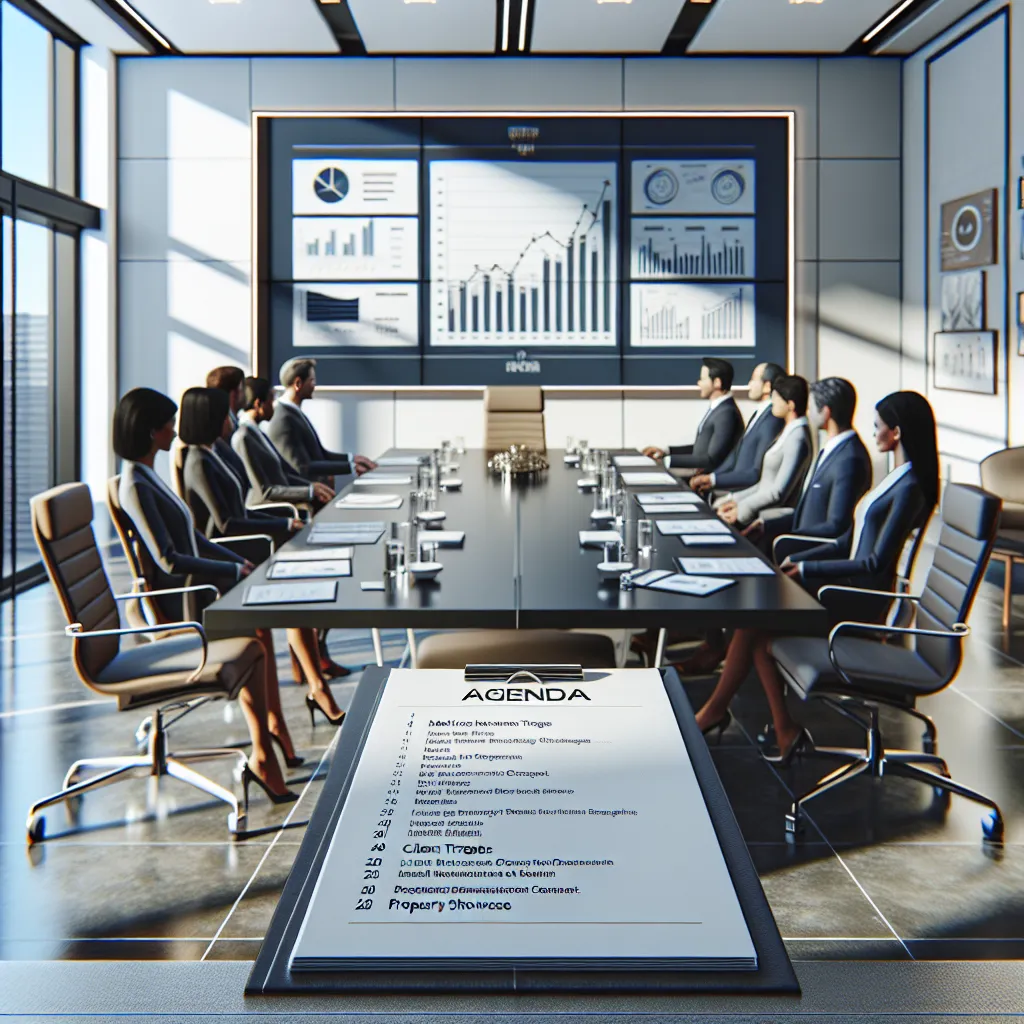 Image of a professional meeting setup with a sleek agenda on the table, showing topics like "Market Trends," "Sales Strategies," "Client Engagement," and "Property Showcase."