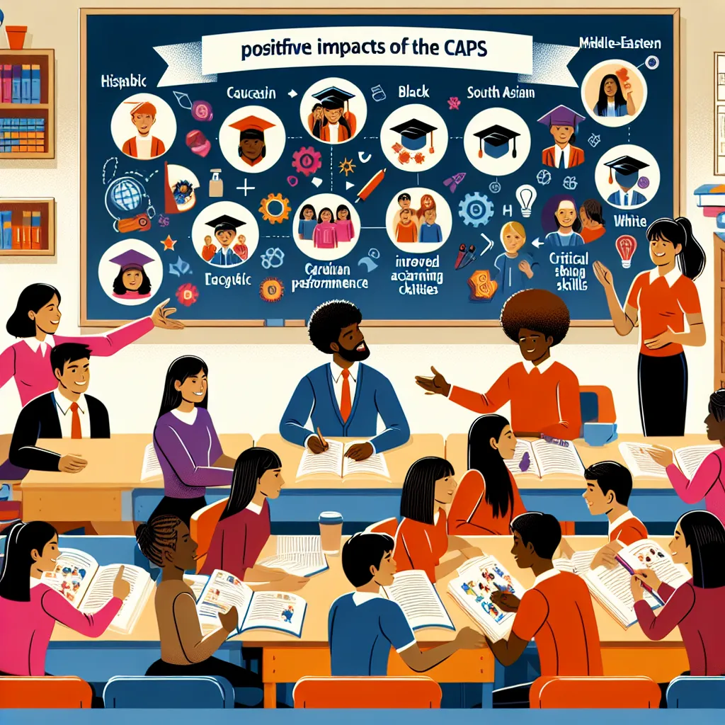 Infographic highlighting the positive impacts of the CAPS curriculum, featuring diverse students engaged in interactive learning, improved academic performance, and enhanced critical thinking skills, all set in a vibrant classroom environment.