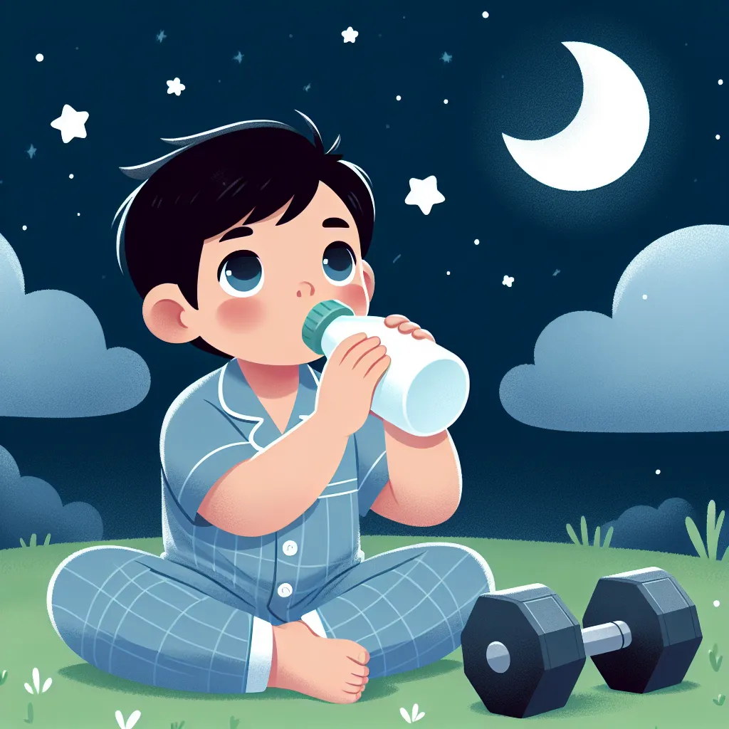 Illustration of a young Gohan in his pajamas, sitting on a grassy floor, sipping from a bottle of milk under a starry sky, with a peaceful expression, while training weights softly rest nearby.