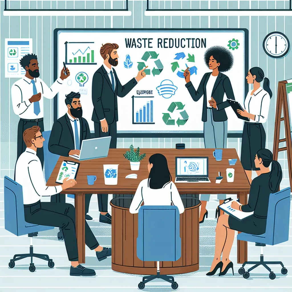 Illustration of an office setting with employees discussing waste reduction and equipment issues, emphasizing teamwork in environmental responsibility.