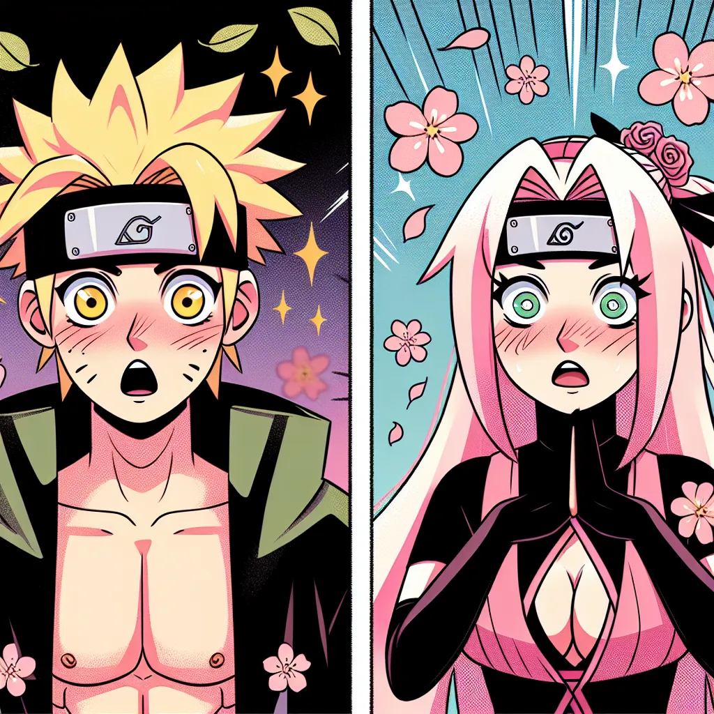 Ilustrasi cerita mengenai pertukaran tubuh antara Sakura dan Boruto, menampilkan kedua karakter dengan ekspresi terkejut di dunia ninja, dikelilingi oleh elemen-elemen ikonik dari alam semesta Naruto seperti bunga sakura dan simbol Konoha.