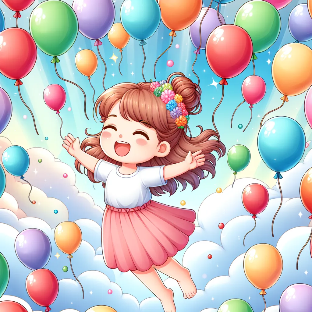 Illustration of a whimsical scene featuring a girl with balloon-like features, floating in the air with a big smile, surrounded by colorful balloons in a bright sky.