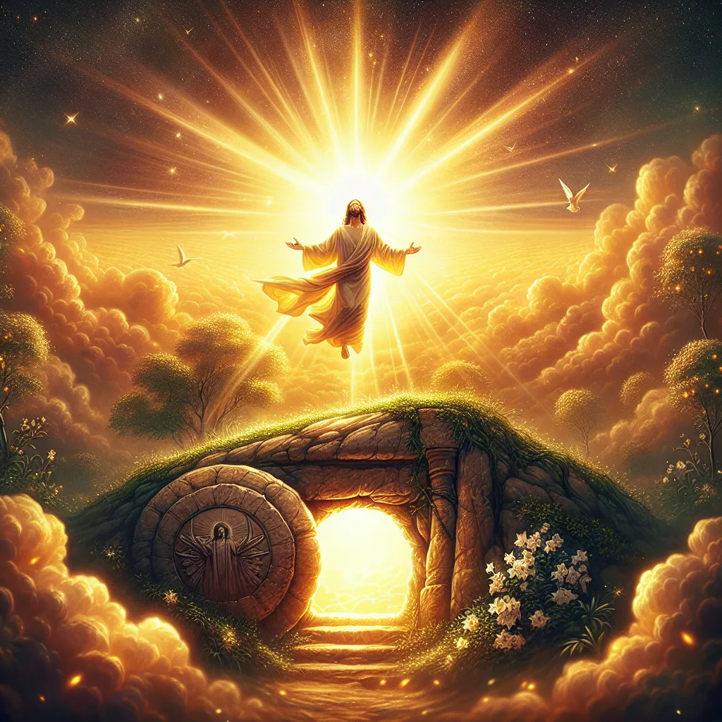 Illustration of a radiant sunrise over a tomb, with a figure representing Jesus rising amidst glowing light, symbolizing resurrection.