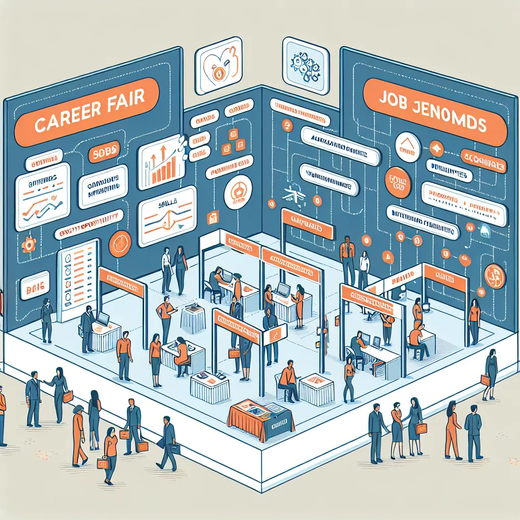 Illustration of a career fair layout featuring various stalls. Each stall includes icons representing specific career fields, examples of careers, work settings, and activities. A section highlights potential benefits and growth opportunities, while another shows dress codes and required skills/values/interests. The overall design promotes collaboration among group members.