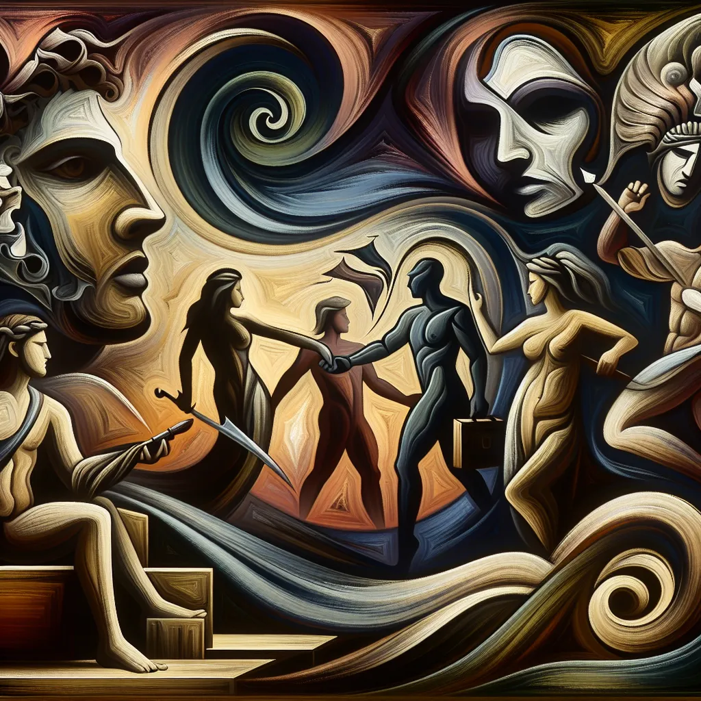 Roman, Amor, Conflicto, Manipulación, Oscuro in an abstract style