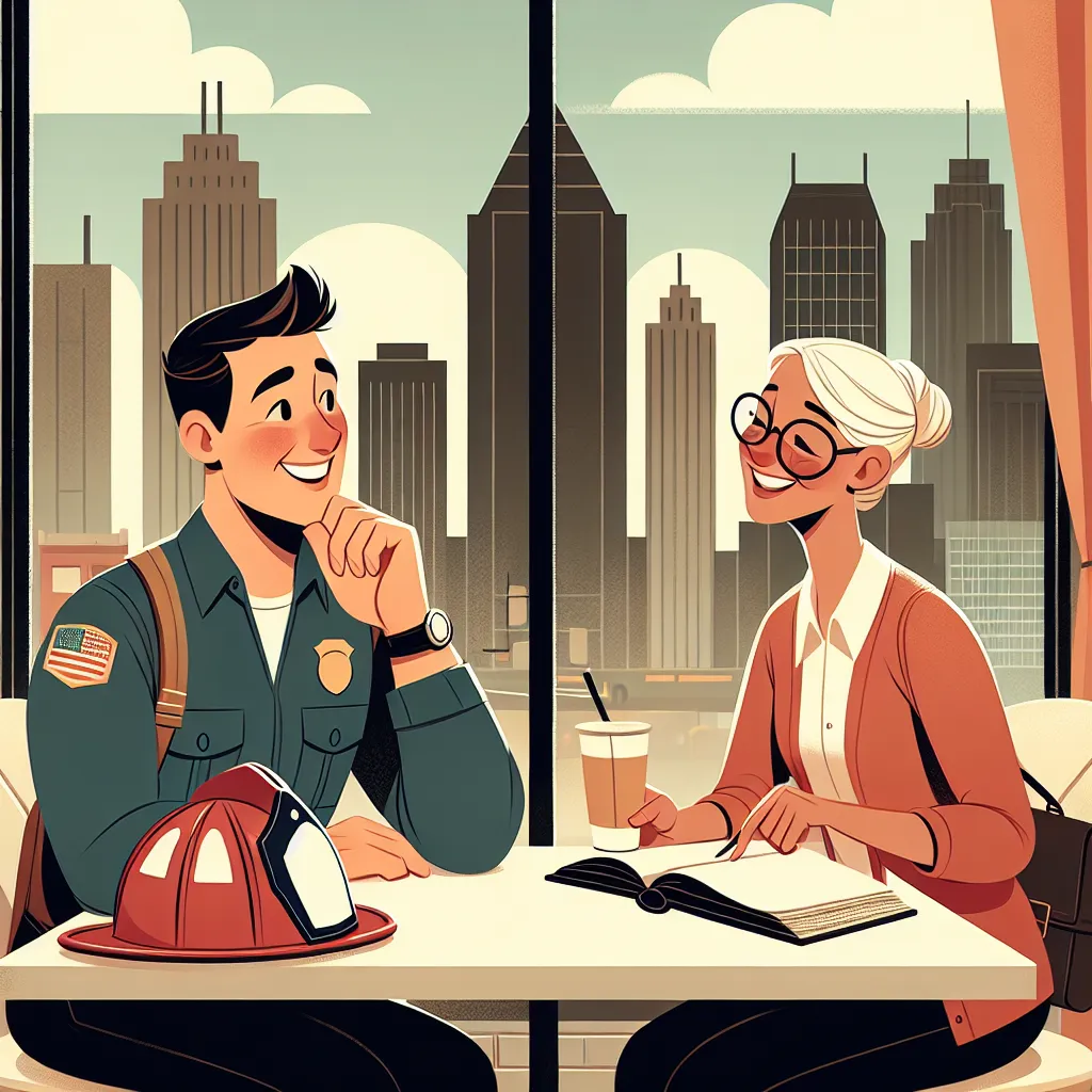 Illustration of two grown-ups, a white firefighter and a black teacher, smiling and chatting at a cafe table, reminiscing about old times with a view of Atlanta in the background.