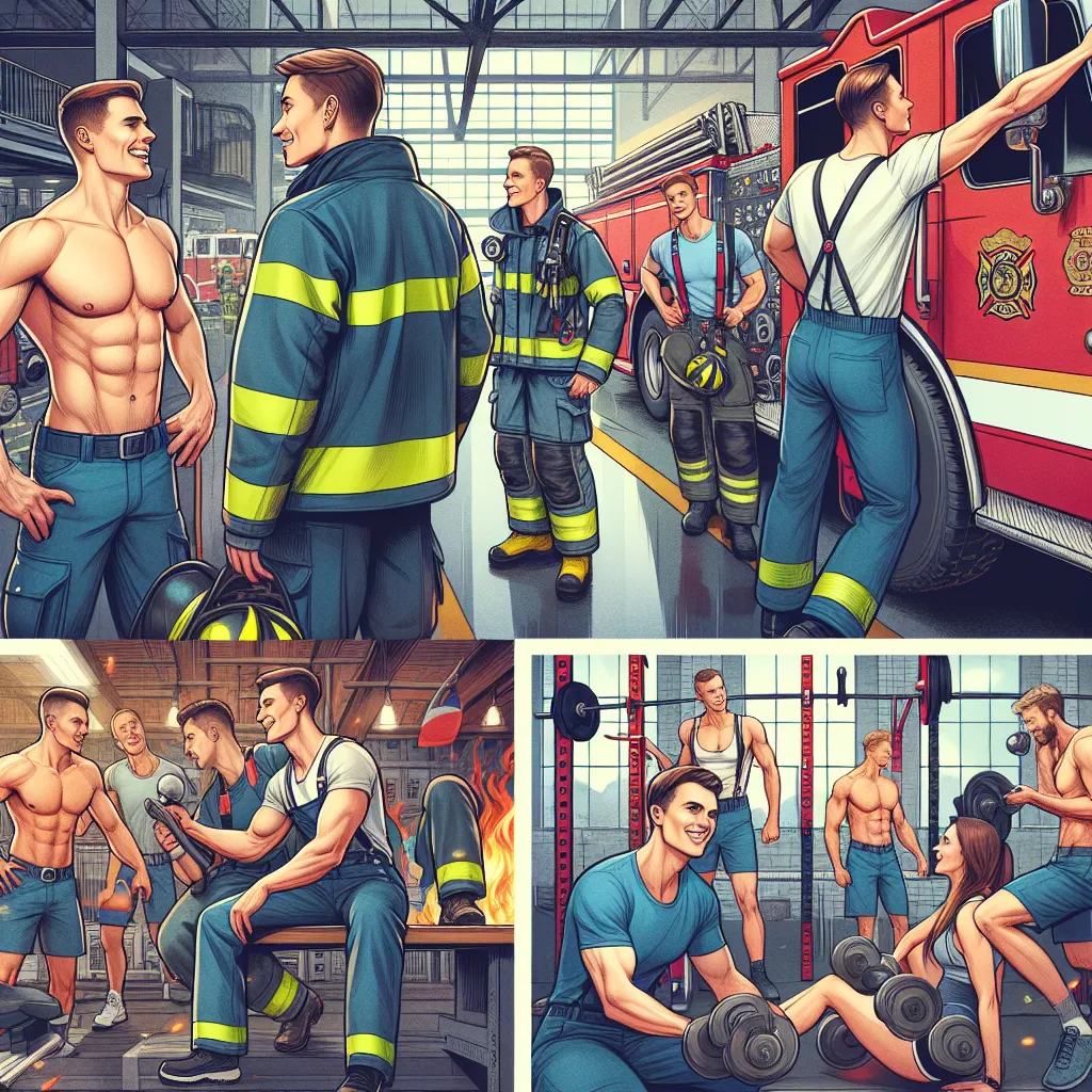 **Image Description:** A lively scene inside a bustling fire station. Firefighters are engaged in routine tasks: checking equipment, polishing the fire truck, and sharing light-hearted banter. In the background, the girlfriend of a firefighter looks on with a mix of pride and concern. Later, they transition to the gym, where the firefighters are seen lifting weights and encouraging each other with smiles and camaraderie.