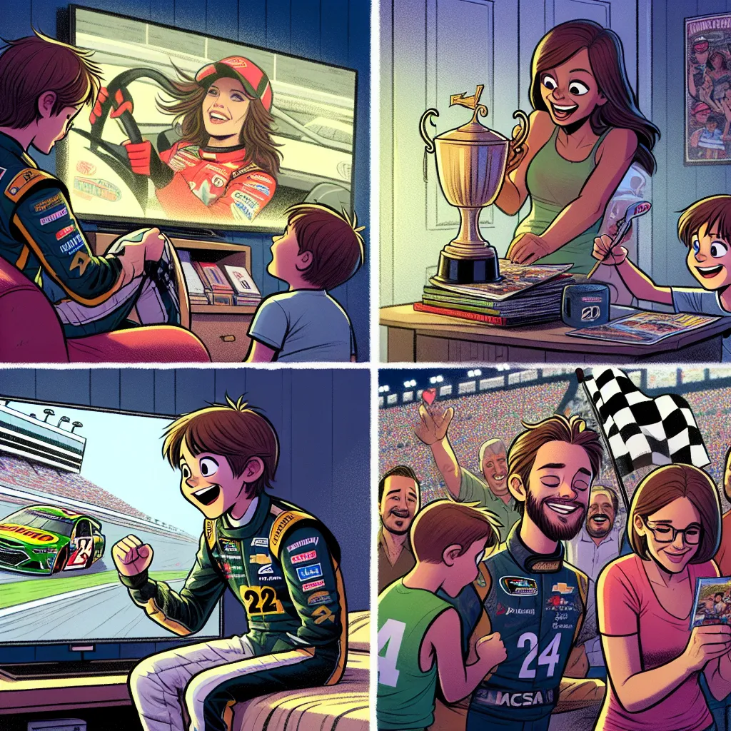 **Title: Racing Dreams**

**Scene 1: Living Room - Kid’s Perspective**

*(A young boy, Tyler, sits on the couch, eyes glued to the TV as NASCAR cars zoom past.)*

**Tyler:** (excitedly) Look, Mom! It’s number 24! She’s gonna win this time!

**Mom:** (puzzled) Tyler, don’t you think you should try something else? 

**Tyler:** But I love watching her!

---

**Scene 2: At the Racetrack**

*(Tyler and his parents walk through the bustling racetrack, filled with cheering fans and the smell of gasolin