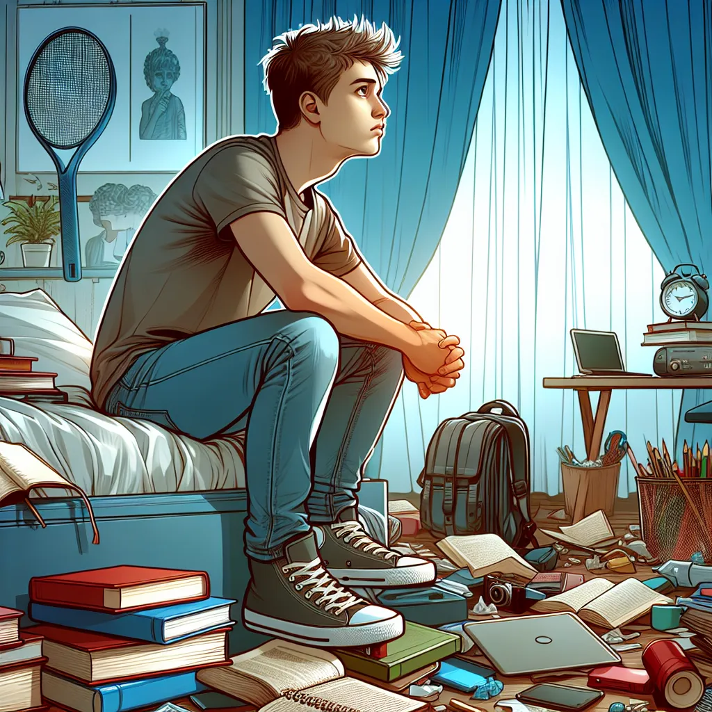 Ilustración de un joven sentado en el borde de una cama con libros y gadgets por todo el cuarto, mirando a lo lejos con una expresión pensativa y melancólica.