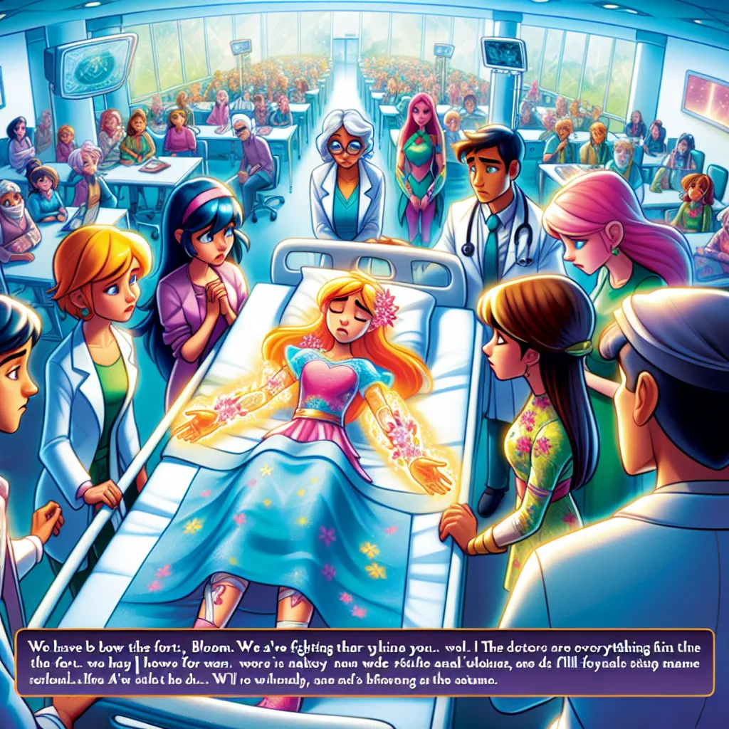 In a vibrant scene, Bloom lies on a hospital bed surrounded by her friends—Stella, Flora, and Tecna—concern etched on their faces. 

**Stella:** "Bloom, you have to be strong! We believe in you!"

**Flora:** "The doctors say they’re trying their best. You’re not alone."

Bloom, weak but determined, whispers, “I’ll fight back… I’m not finished yet!”

In the hospital, Faragonda speaks to the medical staff, "Bloom is special. She carries the power of dragon fire and is now one of our new defenders.