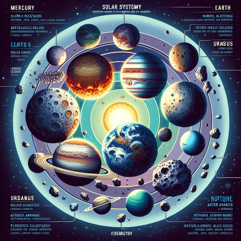 Chemistry plays a fundamental role in understanding the composition and behavior of celestial bodies within the solar system. The solar system comprises a diverse range of elements and compounds, which shape the planets, moons, comets, and asteroids. At its core, the solar system’s chemistry is influenced by the primordial abundance of elements formed during the Big Bang and subsequent stellar processes.

The inner planets—Mercury, Venus, Earth, and Mars—are primarily composed of rock and metal,