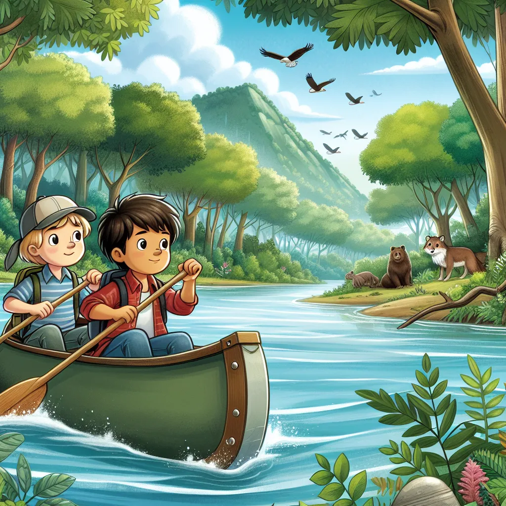 Illustration of two boys navigating a river in a small canoe, surrounded by lush trees and wildlife, with a thoughtful expression on their faces as they consider their journey ahead.