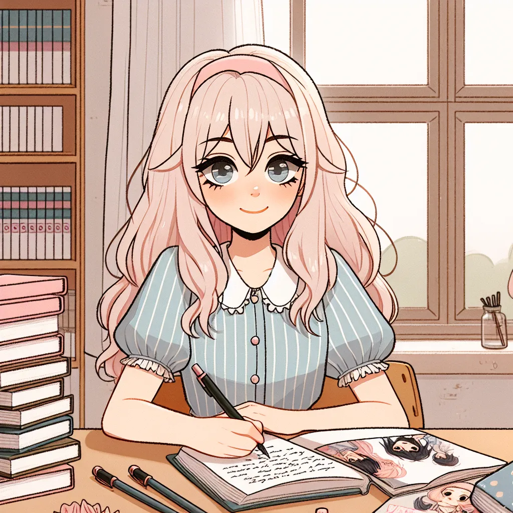 Illustration of a young girl with pastel-colored hair sitting at a desk, writing poetry with stacks of manga nearby, all set in a cozy classroom with friendly lighting.