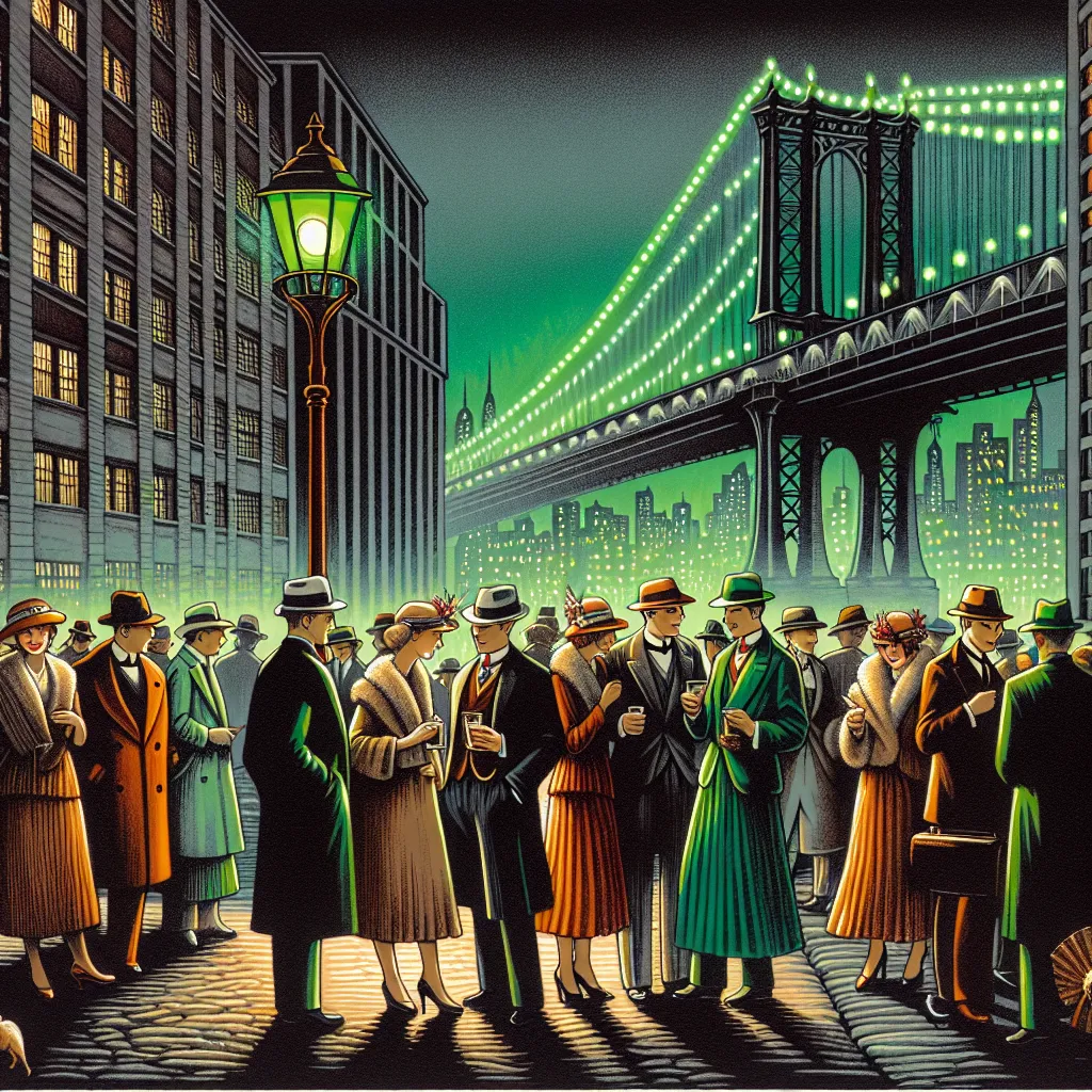 Illustration of a bustling 1920s New York City setting, featuring characters in vintage clothing meeting near a bridge, with a green light in the distance symbolizing dreams and aspirations.