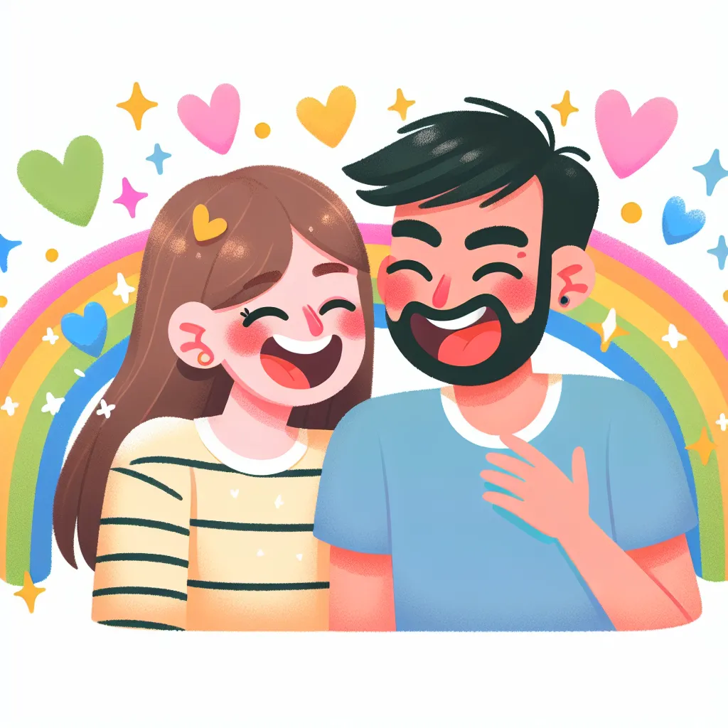 A playful illustration of two friends laughing together, with one playfully nudging the other, surrounded by colorful hearts and sparkles.