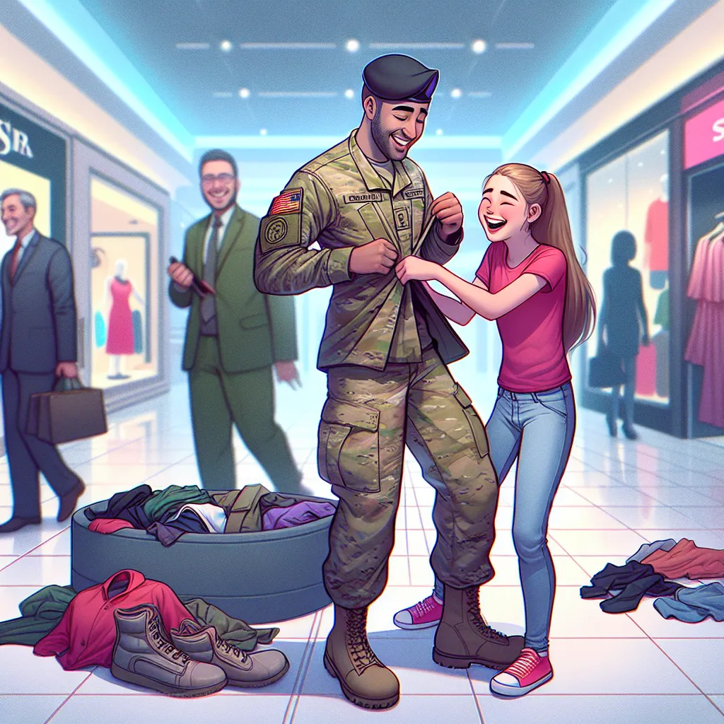 Illustration of a teenager and an army lieutenant, both laughing, as they swap uniforms in a secluded area of a shopping mall.