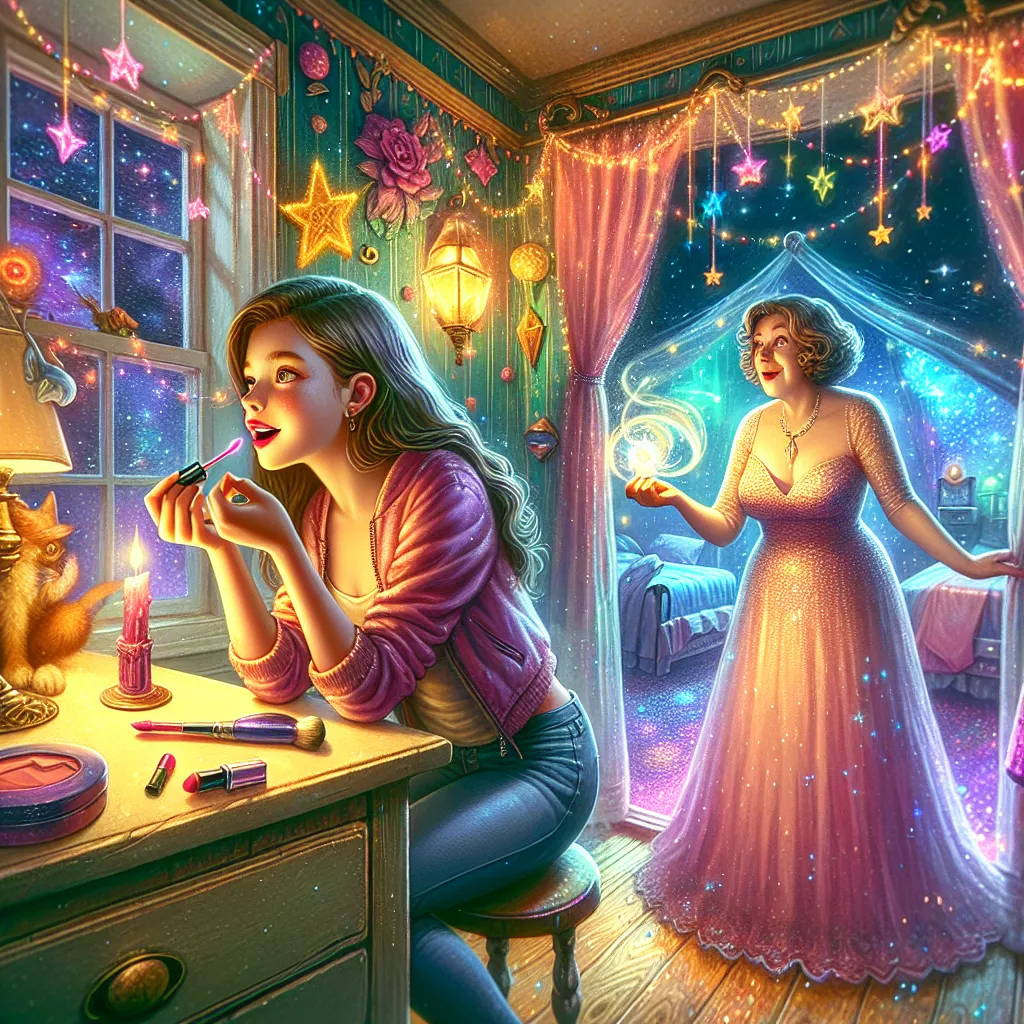 **Image Description**: A whimsical scene depicting Marinette in her room surrounded by colorful decorations as she prepares for the prom. She's applying lipstick, looking excited yet nervous, while her mom stands nearby, holding a glowing charm, signifying the body swap ceremony. The room is filled with sparkles and a magic portal effect, hinting at the fantastical event about to unfold, with a window revealing a starry night sky.