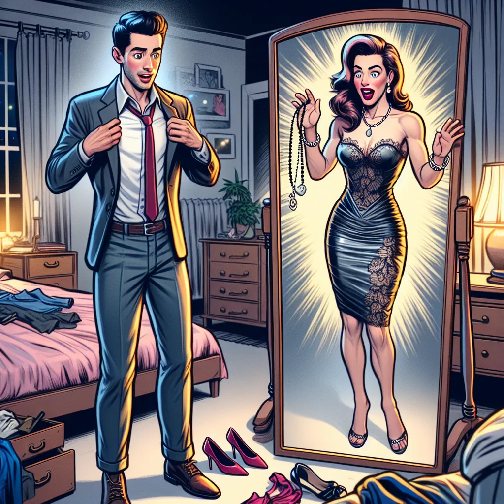 ### Title: A Night in the Mirror Universe

Jason was buzzing with excitement as he prepared for his first date. He adjusted his tie, checked his hair in the mirror, and grabbed his sleek dress watch from the bedside table. As he fastened it around his wrist, he returned his gaze to the mirror, expecting to admire his sharp suit for one last time. To his shock, he wasn’t seeing the handsome teenager he knew. Instead, his reflection wore an elegant dress, complete with heels, jewelry, and makeup. 