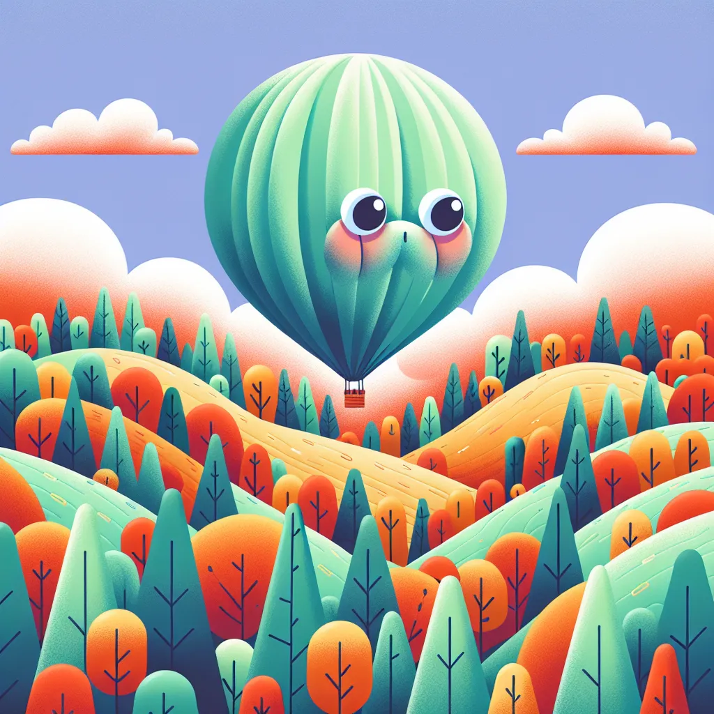 Illustration of a whimsical character inflating like a balloon, floating above a colorful landscape, with trees and clouds below.