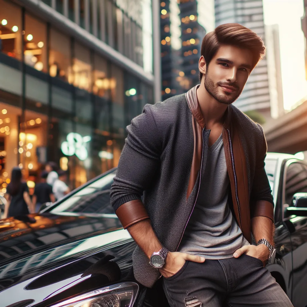 Image of a young man in urban clothing, confidently leaning against a sleek car in a city environment, embodying ambition and style.