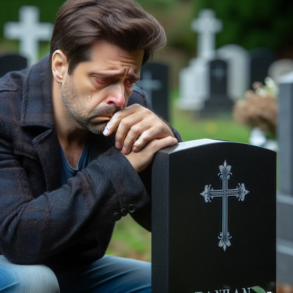 Imagen de un padre angustiado y solo en el funeral de su hijo, con lágrimas en los ojos mientras mira la tumba con el apellido compartido en una placa, reflejando arrepentimiento y dolor.