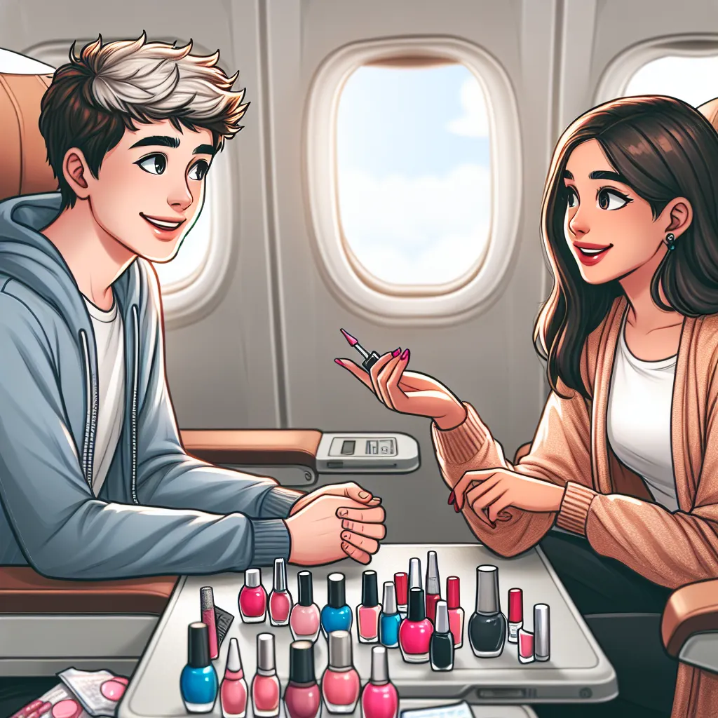 Illustration of a teenage boy and girl sitting together on an airplane, smiling and chatting, surrounded by playful items like lip gloss and nail polish.