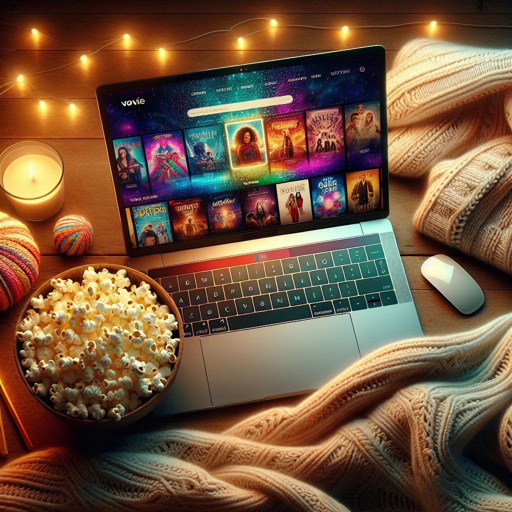Illustration of a laptop displaying a vibrant movie streaming website homepage, surrounded by popcorn and a cozy blanket.