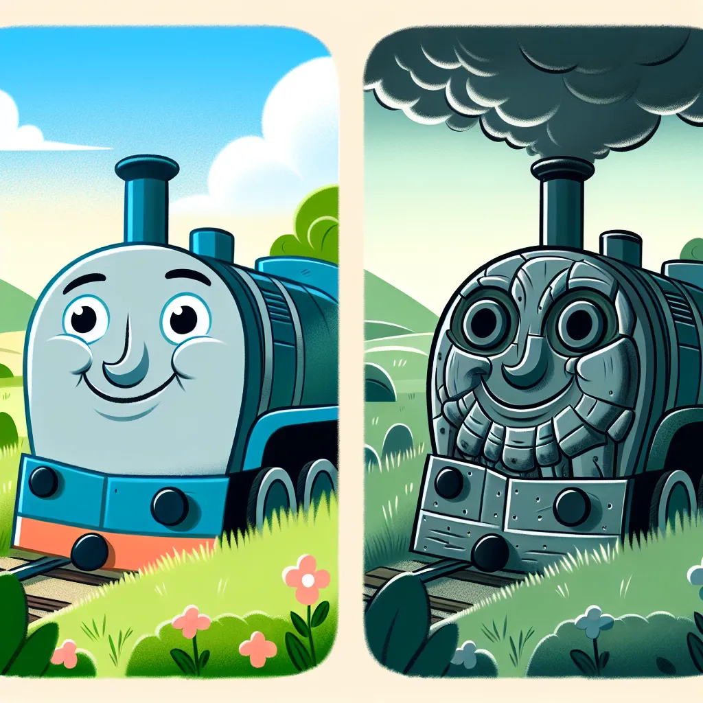 Illustration of Diesel 10 as a kind engine with a friendly smile, later transforming into a menacing version of himself, showcasing a dramatic change in expression and design, set against a backdrop of the Sodor landscape.