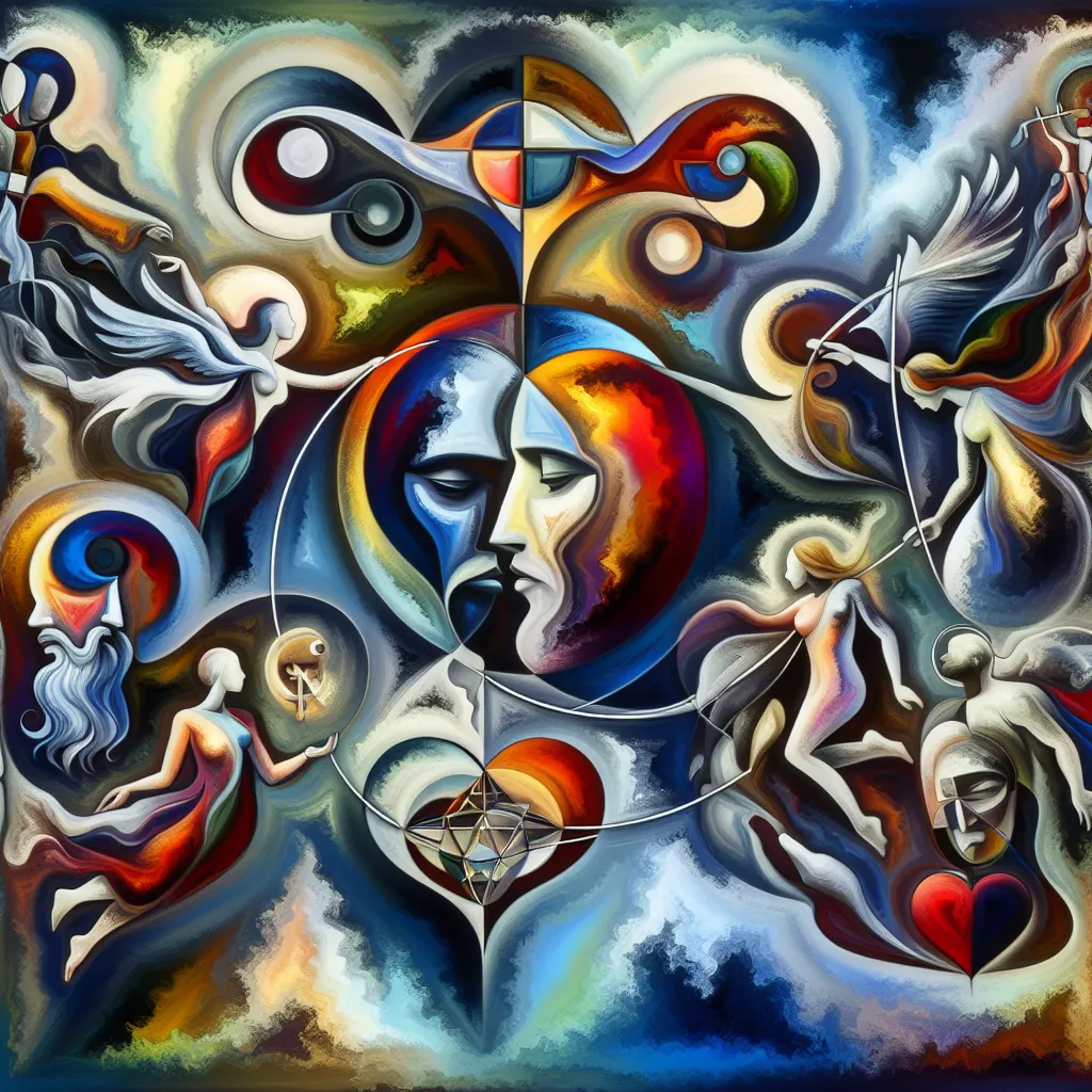 Roman, Cristian, Amor, Conflicto, Manipulación in an abstract style