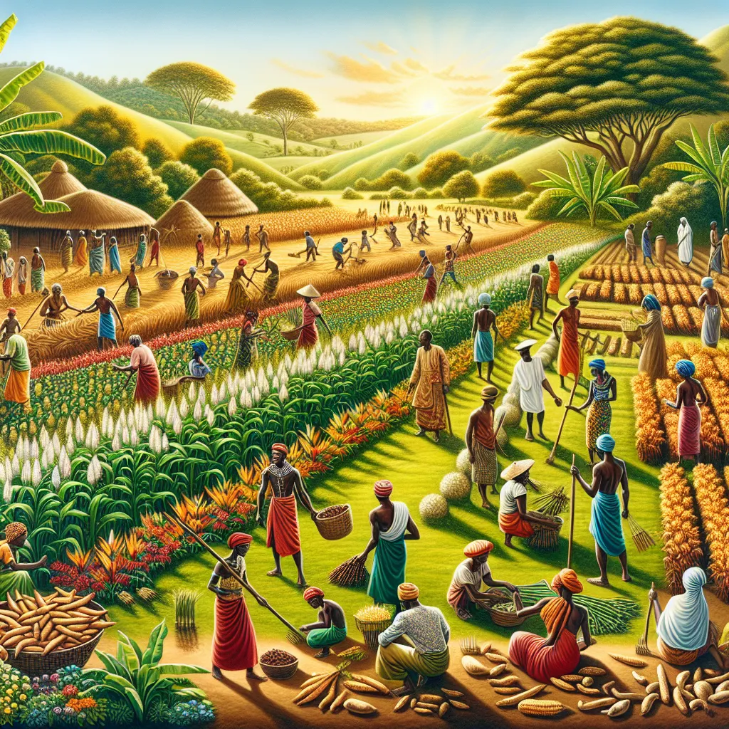 **Short Description for an Image:**

An artistic representation of a vibrant pre-colonial African agricultural scene, showcasing diverse crops being cultivated by farmers in traditional attire, surrounded by lush landscapes, symbolizing the stability and development of their societies.