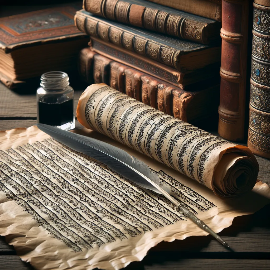 Image of an ancient scroll with historical texts, surrounded by books and a quill, symbolizing scholarly debate about historical references and authenticity.