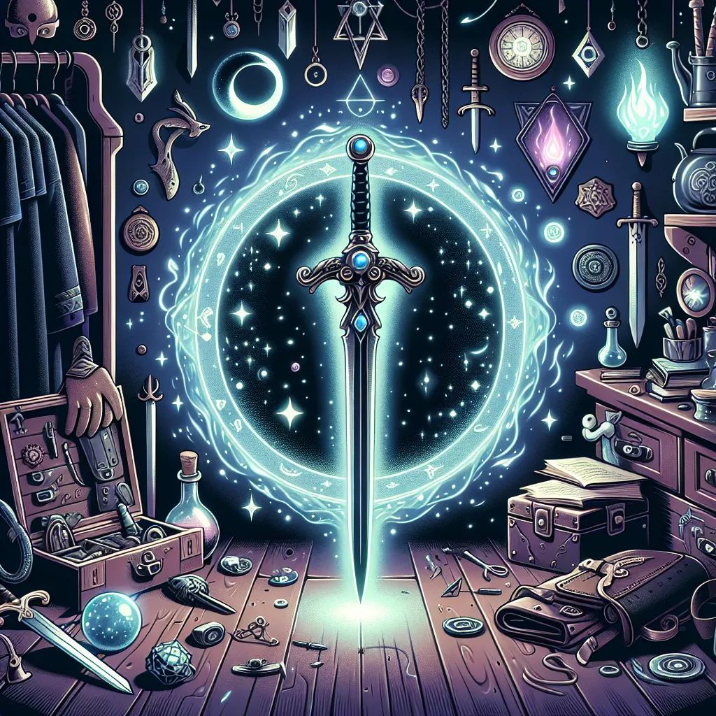 Illustration of a mystical room filled with items related to Illyana Rasputin (Magik): her Soulsword glowing in the center, a portal opening to Limbo, scattered magical artifacts, and personal belongings like her dark armor and enchanted gauntlets, surrounded by an aura of magic.