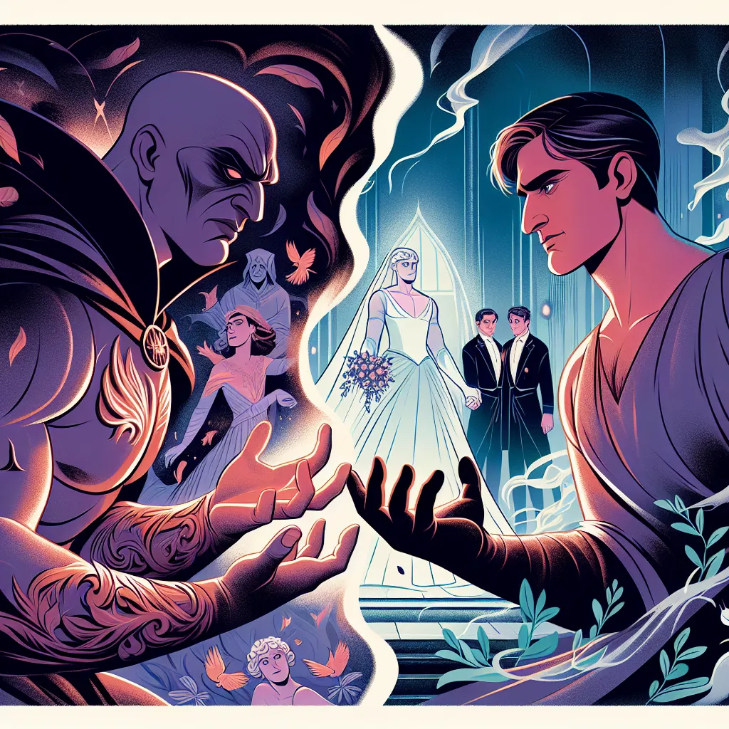 Illustration of two characters, one muscular and villainous with an intriguing gaze, and the other a gentle figure, exchanging bodies in a mystical setting, with a wedding scene in the background and a dark, dramatic atmosphere suggesting a recent betrayal.