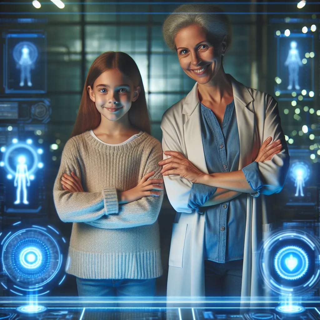 Imagen de una mujer adulta y una joven en un laboratorio futurista, cruzando sus brazos y sonriendo, con dispositivos tecnológicos brillando a su alrededor.